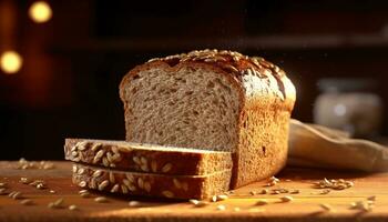 Fresh homemade bread on wooden table, a slice of healthy goodness generated by AI photo