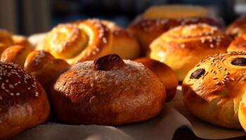 Freshly baked bread and sweet buns, a homemade gourmet indulgence generated by AI photo