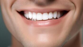 Smiling woman with clean teeth and shiny braces, radiating happiness generated by AI photo