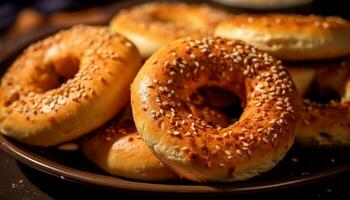 Freshly baked homemade sesame bagel, a healthy gourmet snack generated by AI photo