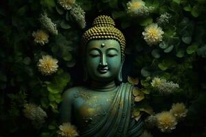 Buddha statue with lotus flower and green leaves background AI Generated photo