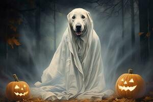 Halloween theme. dog in ghost costume with pumpkins on dark background AI Generated photo