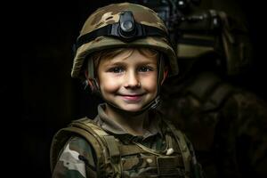 retrato de un linda pequeño chico en militar uniforme en oscuro antecedentes ai generado foto