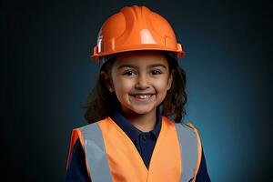 retrato de un sonriente pequeño niña en un construcción casco ai generado foto