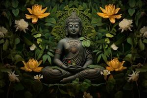 Buda estatua con loto flor y verde hojas antecedentes ai generado foto