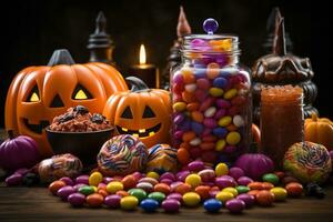 Ai Generated. Halloween candies and sweets on dark background photo