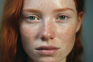 a close up of a woman with freckles AI generated photo