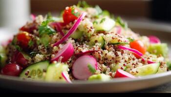 Fresh, healthy salad with tomato, cucumber, radish, avocado, and quinoa generated by AI photo