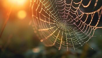 Spider web glistens with dew in the autumn forest meadow generated by AI photo