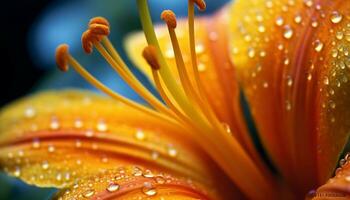 A vibrant yellow gerbera daisy blossom glistens with raindrop freshness generated by AI photo