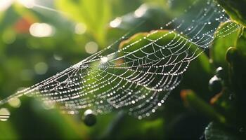 Green leaf with dew on spider web in close up macro generated by AI photo