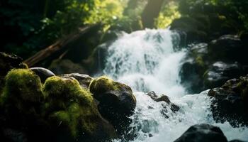 Nature beauty forest, water, green landscape, rock, tree, flowing generated by AI photo