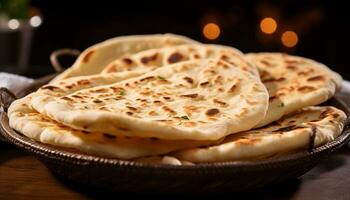 Freshly baked homemade pita bread on wooden table, ready to eat meal generated by AI photo