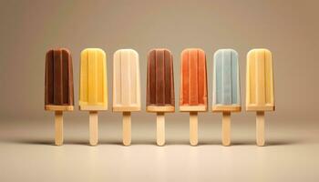 A colorful row of frozen treats, sweet indulgence for summer generated by AI photo