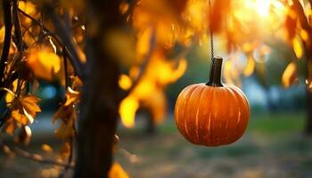 Spooky pumpkin lantern glows in the autumn night, fiery orange generated by AI photo