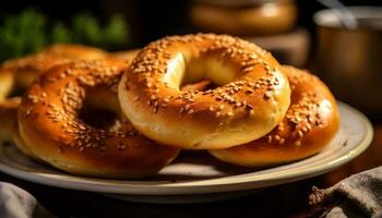 Freshly baked bagel on a wooden table, perfect for a snack generated by AI photo