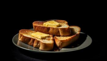 frescura en un plato gastrónomo tostado pan, sano comiendo, mantequilla generado por ai foto