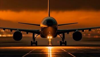 avión tomando apagado a oscuridad, transportar pasajeros a viaje destinos generado por ai foto