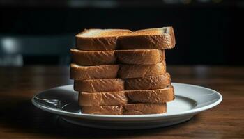 apilar de hecho en casa chocolate Brownies en un rústico de madera mesa generado por ai foto