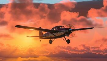 Flying propeller airplane in sunset sky, nature speed and technology generated by AI photo