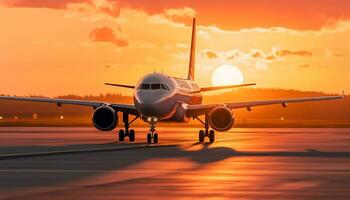 avión volador a atardecer, transportar pasajeros en un negocio viaje generado por ai foto