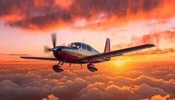 Airplane flying in sunset sky, propeller spinning, transportation technology generated by AI photo