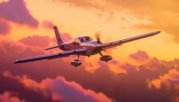 Flying airplane in sunset sky, transportation propeller, commercial fighter plane generated by AI photo
