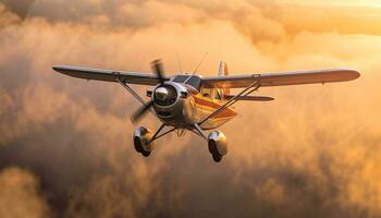 Flying airplane in the blue sky, propeller spinning, sunset backdrop generated by AI photo