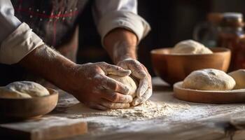 A man hand kneading dough on a wooden table, homemade bread generated by AI photo