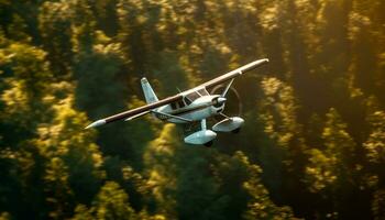 Flying propeller airplane in nature, military drone, helicopter aerial view generated by AI photo