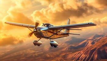 volador avión hélice en puesta de sol cielo, naturaleza aéreo transporte maravilla generado por ai foto