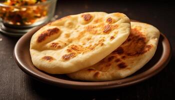 Freshly baked homemade pita bread on a wooden table generated by AI photo