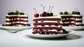 Photo of a slice of black forest with blueberry on a white plate. Generative AI