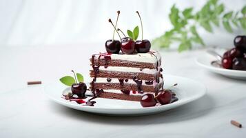 Photo of a slice of black forest with blueberry on a white plate. Generative AI