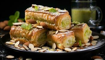 Freshly baked baklava, a sweet Turkish dessert with honey and walnuts generated by AI photo