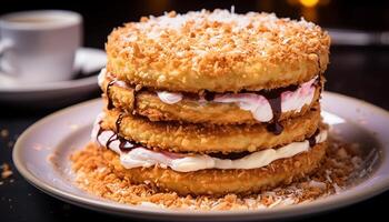 Fresh homemade pancake stack with chocolate sauce on wooden table generated by AI photo