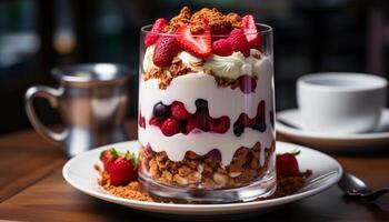 Fresh fruit dessert on wooden table with whipped cream and coffee generated by AI photo