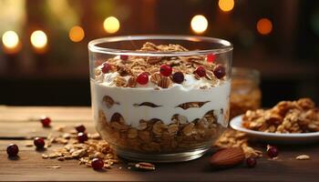 Freshness and sweetness in a homemade gourmet dessert granola fruit parfait generated by AI photo