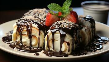 frescura y indulgencia en un plato de gastrónomo chocolate postre generado por ai foto