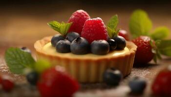 Fresh berry dessert on wooden table, a sweet summer indulgence generated by AI photo