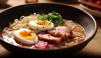 Gourmet pork meal, cooked ramen noodles, healthy Japanese culture, fresh vegetable soup generated by AI photo