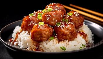 Steamed rice, pork, and vegetables on a plate generated by AI photo