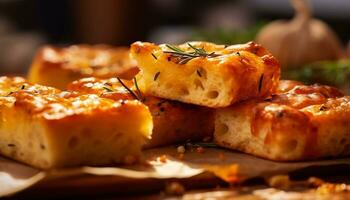 Freshness and gourmet snack, a baked appetizer slice of homemade bread generated by AI photo