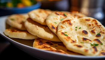 Freshly baked homemade bread on a wooden plate, ready to eat and delicious generated by AI photo