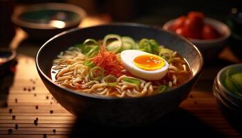 recién cocido ramen tallarines en un gastrónomo vegetal sopa cuenco generado por ai foto