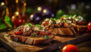 tostado ciabatta, Fresco tomate, A la parrilla verdura, hecho en casa sándwich, rústico almuerzo generado por ai foto