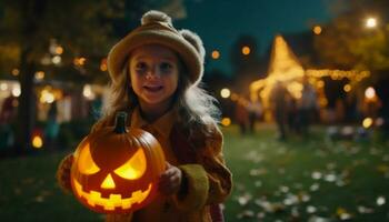 A cute Caucasian girl holding a glowing pumpkin lantern outdoors generated by AI photo