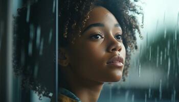 Young adult woman looking through window, raindrop reflecting her beauty generated by AI photo