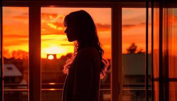 A young woman standing outdoors, looking at the sunset generated by AI photo