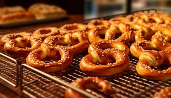 recién horneado pretzels, un crujiente indulgencia para un gastrónomo comida generado por ai foto
